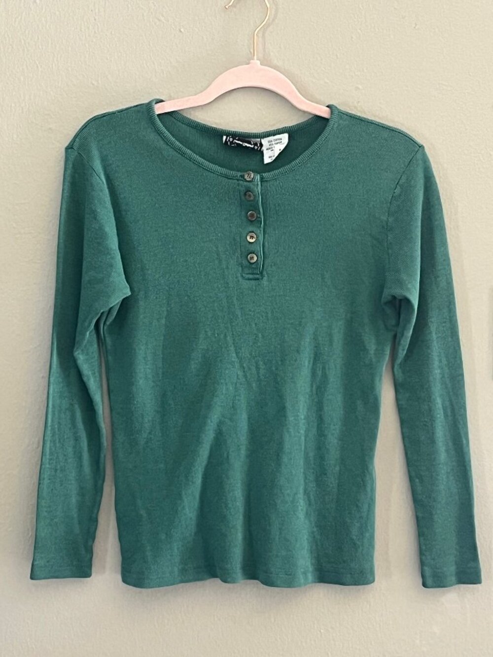 Vintage Green Ribbed Long Sleeve Henley 100% Cotton Size Sm/Med